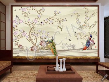 دانلود طرح کاغذ دیواری گل و درختان به سبک چینی طاووس گل اتاق نشیمن طراحی دیوار زمینه پس زمینه