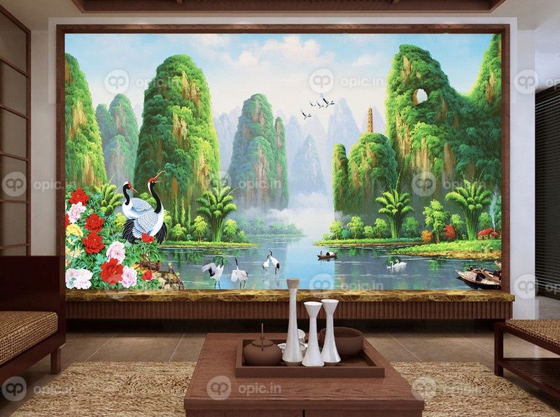 دانلود نقاشی روغنی چشم انداز گیلین دیواری پس زمینه تلویزیون 3D