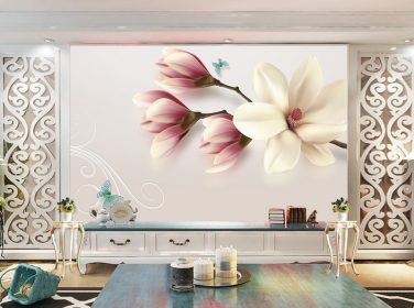 دانلود 3D رنگ پودر پروانه ماگنولیا برجسته سه بعدی حک شده دیوار پس زمینه تلویزیون حک شده
