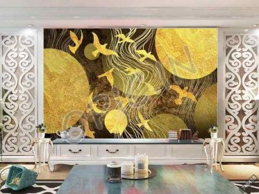 دانلود طرح کاغذ دیواری خطوط انتزاعی طلایی مینیمالیستی مدرن پرندگان پرواز دیوار اتاق نشیمن