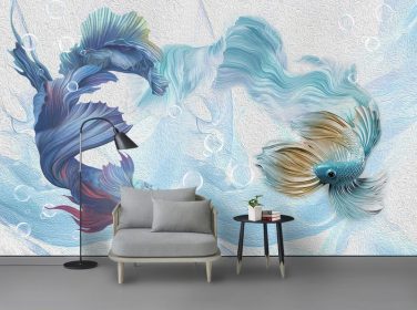 دانلود نقاشی مدرن روغن 3D طاووس آبی انتزاعی طاووس با پس زمینه ماهی مبارزه می کند