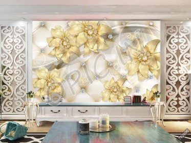 دانلود طرح کاغذ دیواری پس زمینه دیوار گل جواهرات الماس طلای 3D