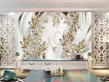 دانلود طرح کاغذ دیواری دیوار زمینه سه بعدی پروانه جواهرات طلایی