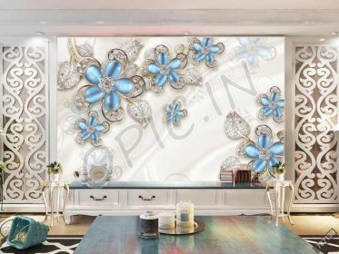 دانلود طرح کاغذ دیواری دیوار تلویزیون 3D جواهرات گل آبی