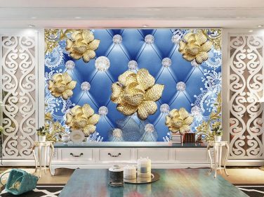 دانلود لوکس آبی دیواری پس زمینه تلویزیون جواهرات گل 3D طلا