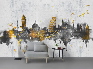 دانلود نقاشی مدرن با آبرنگ رنگی معماری شهر اروپایی ، دیوار پس زمینه تلویزیون را تکه تکه کرده است