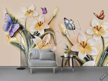 دانلود طرح کاغذ دیواری نقاشی مدرن رنگ روغن پروانه زیبا گل زمینه پس زمینه