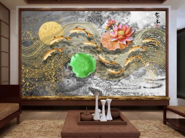 دانلود دیوار پس زمینه ماهی انتزاعی لوتوس طلایی برجسته چینی جدید