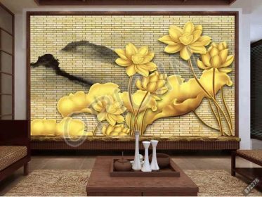 دانلود طرح کاغذ دیواری دیوار چینی منظره نیلوفر آبی طلایی جدید به سبک چینی