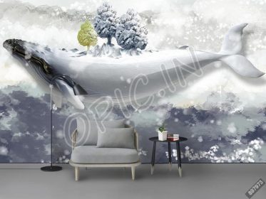 دانلود طرح کاغذ دیواری دیوار زمینه برجسته نهنگ پری دریایی 3D رویایی مدرن