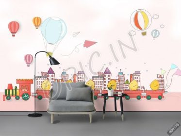 دانلود طرح کاغذ دیواری اتاق کودک کارتونی دستی کشیده شده قطار خانه بالون هوای گرم دیوار پس زمینه