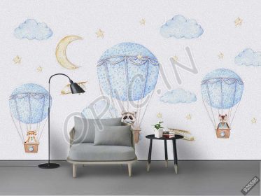 دانلود طرح کاغذ دیواری کارتونی مینیمالیستی مدرن دیوار پس زمینه اتاق کودک با چتر