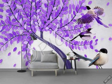 دانلود طرح کاغذ دیواری مدرن و زیبا دست نقاشی شده برجسته 3D برج درخت بقا پرنده دیوار پس زمینه