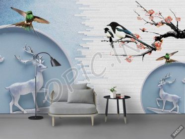 دانلود طرح کاغذ دیواری نقاشی رنگی برجسته مدرن 3d نوردیک fawn bird wall wall