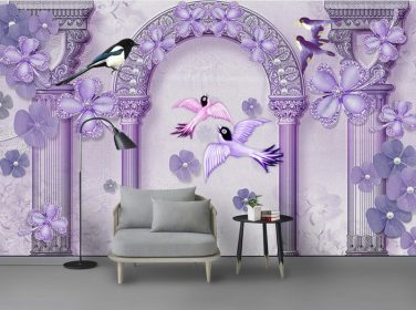 دانلود ستون 3D رومی مدرن گل مروارید گلدار دیوار پس زمینه تلویزیون پرنده.