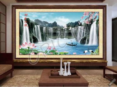دانلود طرح کاغذ دیواری ‘آبشار قاب دار چینی و آبشار ثروتمند ، نیلوفر آبی ، جرثقیل سفید ، پس زمینه تلویزیون ‘