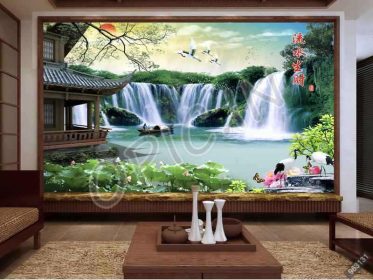 دانلود طرح کاغذ دیواری سبک چینی قاب آب ثروت آبزی غرفه باستان آبشار آبشار جرثقیل سفید پس زمینه تلویزیون