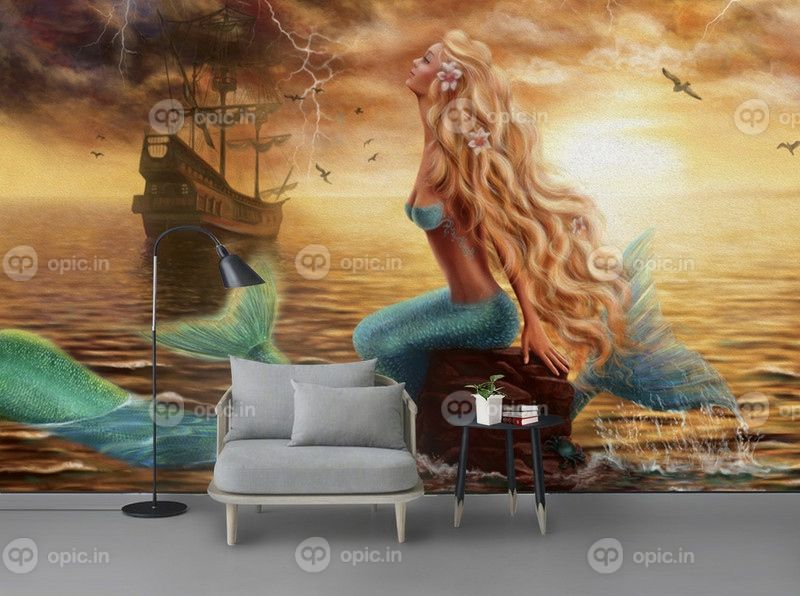 دانلود دست نقاشی رنگ روغن دریا دریای زیبا قایقرانی زیبا دیوار پس زمینه پری دریایی دریانوردی