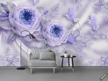 دانلود طرح کاغذ دیواری نقاشی روغن 3D مدرن اتاق عروسی گل ابریشم پرندگان توری پس زمینه تلویزیون