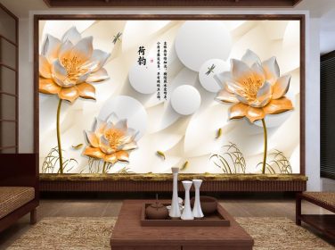 دانلود به سبک چینی ، خوشنویسی 3D نیلوفر آبی برجسته نقش برجسته دیوار پس زمینه ماهی طلایی