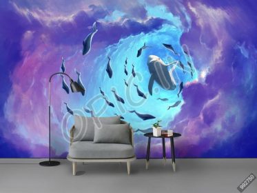 دانلود طرح کاغذ دیواری سبک مدرن آبی زیبا خلاق ابر دلفین تلویزیون سفارشی دیوار زمینه