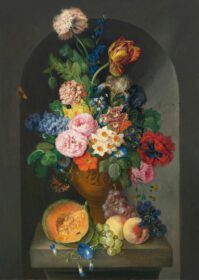 نقاشی کلاسیک یک کوزه برنزی از گل، با خربزه، هلو و انگور، یک پروانه و یک کرم 1812