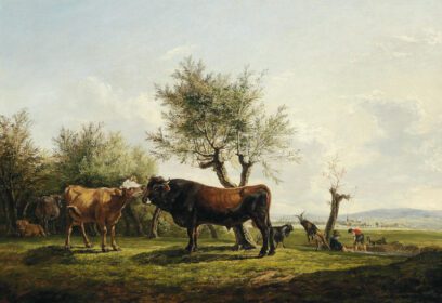 نقاشی کلاسیک گاوی در حال لیسیدن گاو نر در مرتع 1824