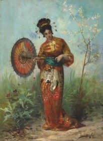 نقاشی کلاسیک یک زن ژاپنی با چتر آفتابی