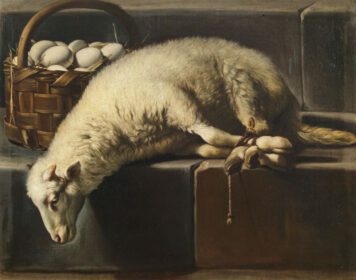 نقاشی کلاسیک یک بره بسته در کنار یک سبد تخم مرغ، تمثیلی از