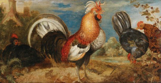 نقاشی کلاسیک خروس و مرغ در منظره