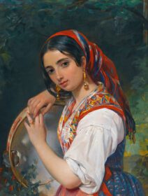 نقاشی کلاسیک یک دختر چوپان با یک تنبور