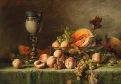 نقاشی کلاسیک زندگی بی جان با هلو، انگور و کدو تنبل 1901