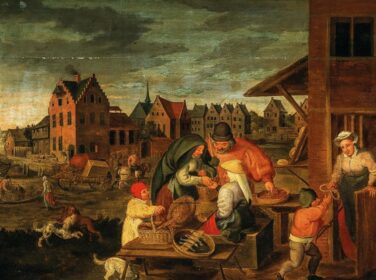 نقاشی کلاسیک یک منظره شهری با دهقانان در غرفه فروشنده