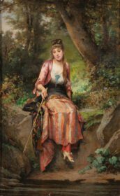 نقاشی کلاسیک زنی جوان در حال ماهیگیری