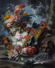 نقاشی کلاسیک یک صحنه در فضای باز با حوض آب، یک سبد و یک گلدان پر از گل میخک، گل رز، گل صد تومانی، نیلوفر، ادریسی و گل های دیگر 1830