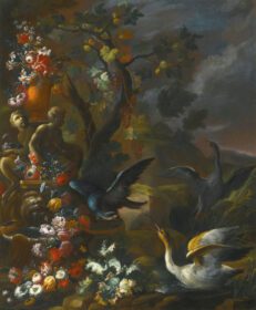 نقاشی کلاسیک یک طبیعت بی جان در فضای باز با پرندگان در کنار یک فواره حجاری شده پرآذین