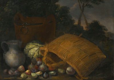 نقاشی کلاسیک یک سبد واژگون با میوه و سبزیجات