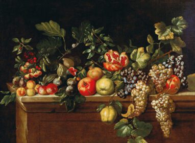 نقاشی کلاسیک سیب، انگور، انجیر و انار و سایر میوه ها روی تاقچه