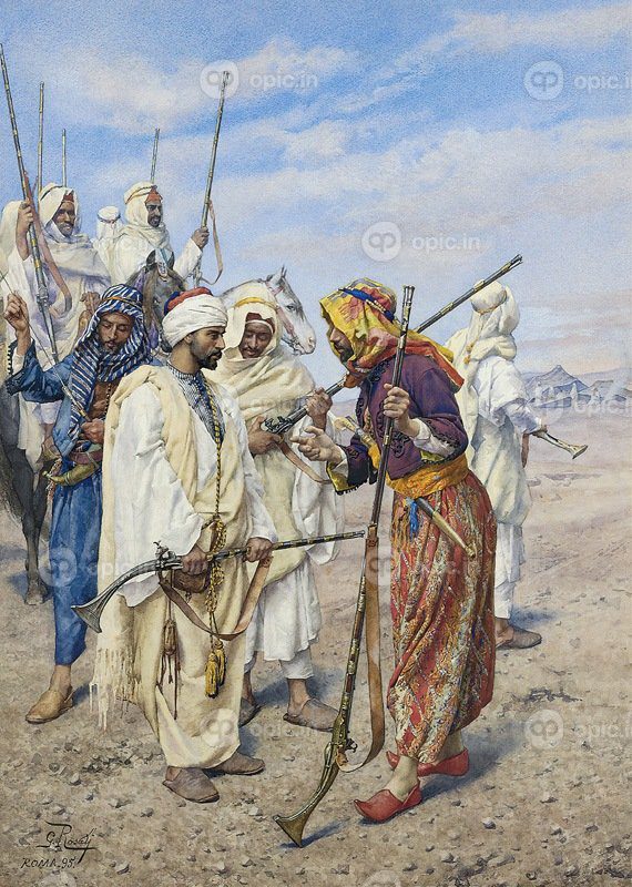 نقاشی کلاسیک بادیه نشینان در حال آماده کردن یک مهمانی یورش 1895