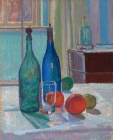 نقاشی کلاسیک بطری های آبی و سبز و پرتقال حدودا