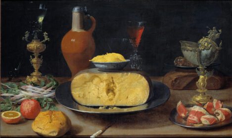 نقاشی کلاسیک صبحانه با پنیر و جام