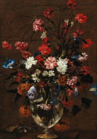 نقاشی کلاسیک میخک و گل های دیگر در یک گلدان شیشه ای