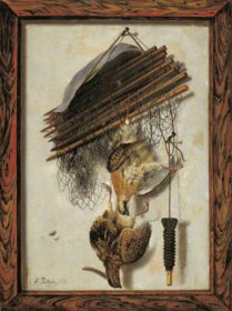 نقاشی کلاسیک پرندگان وحشی مرده و شبکه شکارچی