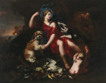 نقاشی کلاسیک دایانا در حال استراحت، با سگ های شکاری و پوتی