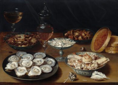 نقاشی کلاسیک ظروف با صدف، میوه و شراب ج