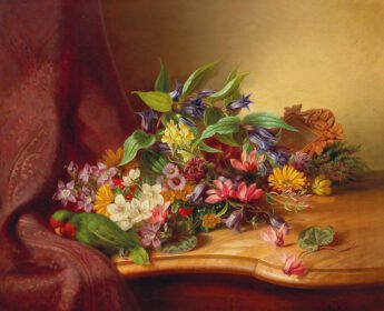 نقاشی کلاسیک قطعه گل با طوطی