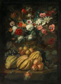 نقاشی کلاسیک گل در گلدان و میوه روی میز