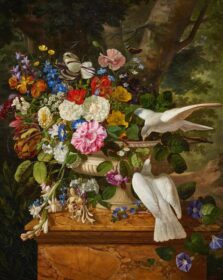 نقاشی کلاسیک گلها در گلدان با دو کبوتر 1816-1820