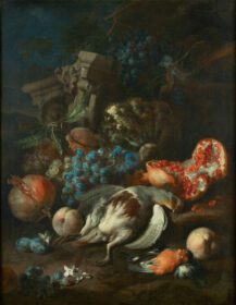 نقاشی کلاسیک Früchtestück mit totem Rebhuhn und Gimpelmännchen