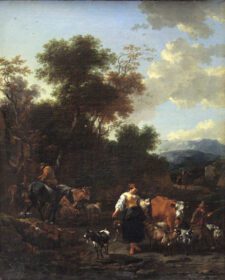 نقاشی کلاسیک منظره ایتالیایی با چوپانان در رودخانه حدود